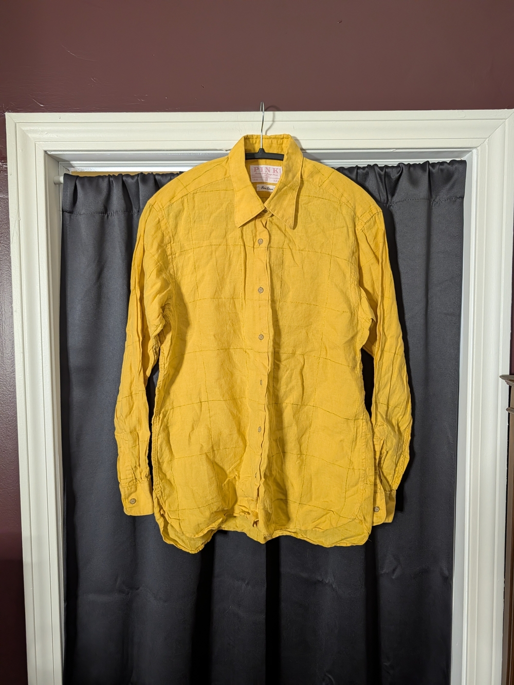 Thomas Pink Pure Linen Yellow Reverse Woven Check Irish Button-up Shirt Sz10